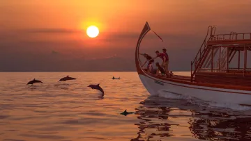 activity, nature, people, sunset - Turisti a bordo di una tradizionale barca dhoni osservano i delfini saltare nell'oceano durante un tramonto dorato.