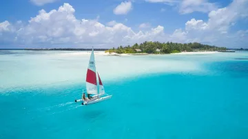 activity, nature, sea - Aerial view of a catamaran sailing across the bright turquoise lagoon near a tropical island with palm trees.