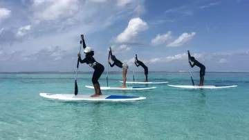 activity, people, sea - Un gruppo di persone pratica stand up paddle nell'acqua turchese cristallina della laguna di un'isola locale.