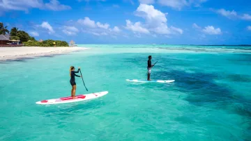 activity, sea - Due turisti praticano stand up paddle nella limpida laguna turchese di una splendida isola locale delle Maldive.