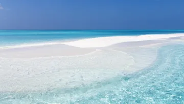 activity, beach, sea - A beautiful white sandbank surrounded by crystal clear turquoise water under a vibrant deep blue tropical sky.
