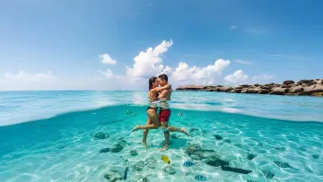 people, sea, underwater - A romantic couple hugging while standing in crystal clear turquoise water surrounded by colorful tropical fish.