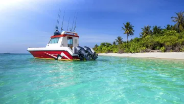 activity, nature, sea - Red and white fishing charter boat anchored in turquoise water near a lush green tropical island beach under blue sky.