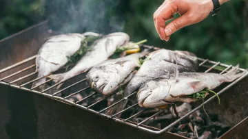 food - A close up view of fresh whole fish being grilled on a charcoal barbecue with herbs by a person.