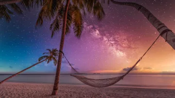 nature, relax, sky - A peaceful rope hammock hanging between palm trees on a tropical beach at night with a vibrant starry sky above.