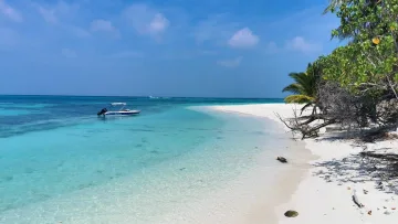 beach, local-island, sea - Una bellissima spiaggia di sabbia bianca con un motoscafo ancorato nella laguna turchese dell'isola di Dhangethi