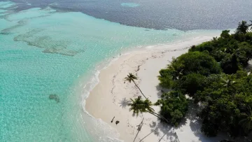 beach, bikini-beach, drone-shot, local-island, nature - Ripresa aerea col drone della spiaggia di sabbia bianca e laguna turchese dell'isola di Dhangethi, Maldive circondata da palme lussureggianti.