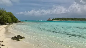 beach, local-island, nature, sea - View of a pristine white sand beach and turquoise water at Dhiffushi local island under a partly cloudy sky.