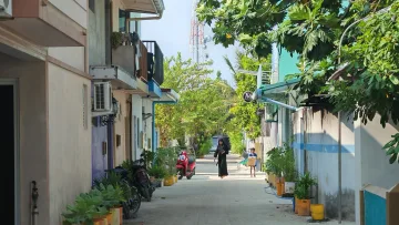 culture, local-island, people - Local street scene on Dhiffushi Island featuring residential houses, lush tropical greenery, and people walking.