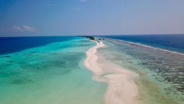 beach, drone-shot, local-island, nature - Drone shot of the scenic white sandbank extending from Dhigurah local island, surrounded by turquoise tropical lagoon.