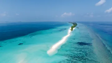 beach, drone-shot, local-island, nature, sea - Stunning drone view of the long white sandbank extending from Dhigurah Island in Alifu Dhaalu Atoll, Maldives.
