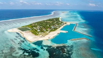 drone-shot, local-island, sea - Stunning drone aerial view of Fenfushi local island in Alifu Dhaalu Atoll, featuring harbor, village, and lagoon.