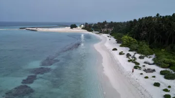 beach, bikini-beach, drone-shot, local-island, nature, sunset - Drone perspective of the white sandy beach and turquoise lagoon on Fenfushi Island, Alifu Dhaalu Atoll, Maldives.