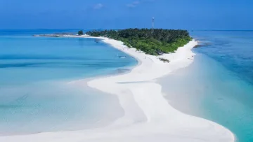 beach, bikini-beach, drone-shot, local-island, nature - Stunning aerial drone view of the long white sandbank leading to Fenfushi local island in Alifu Dhaalu Atoll, Maldives.