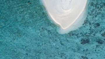 drone-shot, reef, sea - Aerial drone perspective of the pristine white sandbank at Fenfushi Island, Alifu Dhaalu Atoll, surrounded by reef.
