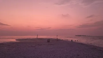 beach, bikini-beach, local-island, people, sunset - Serene pink sunset over the sandbank of Fenfushi local island, Alifu Dhaalu Atoll, with people relaxing in water.