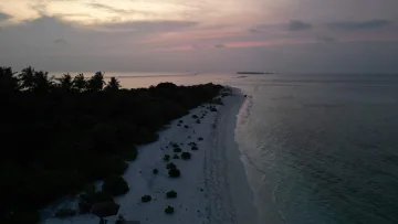 beach, bikini-beach, drone-shot, local-island, nature, sunset - Aerial view of Fenfushi local island in Alifu Dhaalu Atoll during a soft sunset, showing white beaches and lush palms
