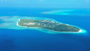 drone-shot, local-island, nature, sea - Drone shot of Feridhoo local island, surrounded by a turquoise lagoon and deep blue ocean in the Alifu Alifu Atoll