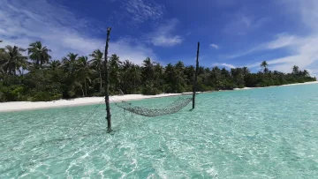 beach, local-island, nature, relax, sea - A relaxing hammock suspended over the crystal clear turquoise water of Feridhoo local island in Alifu Alifu Atoll.
