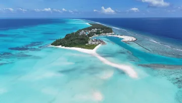 drone-shot, local-island, nature, sea - Stunning drone shot of the local island of Fulhadhoo in Baa Atoll, featuring a long white sandbank and crystal clear turquoise lagoon waters.