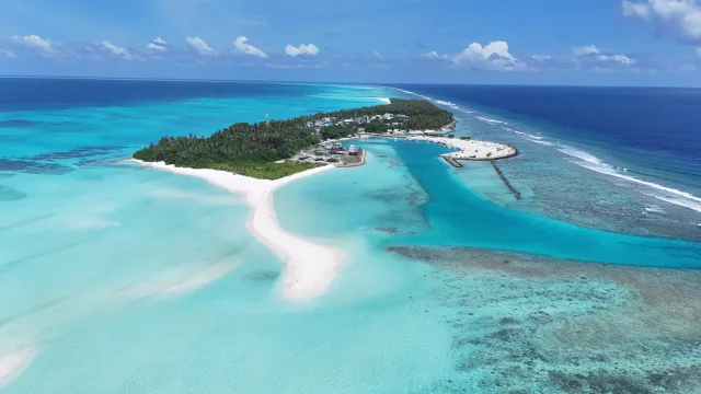 drone-shot, local-island, nature, sea - Stunning aerial drone view of the local island Fulhadhoo in Baa Atoll, featuring a white sandbank and crystal lagoon