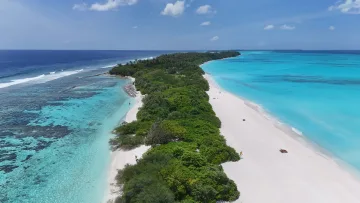 beach, bikini-beach, drone-shot, local-island, nature, sea - Aerial drone shot of the long stretch of white beach and lush tropical forest of Fulhadhoo Island in Baa Atoll.