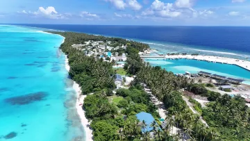 drone-shot, local-island, sea - Stunning aerial drone shot of Fulhadhoo local island in Baa Atoll, featuring turquoise lagoon and white beaches.