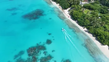 drone-shot, local-island, nature - A small white boat cruising through the turquoise waters of Fulhadhoo Island in the Baa Atoll, seen from above.