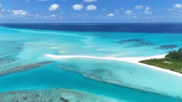 beach, drone-shot, nature, sea - Aerial perspective of the turquoise lagoon and pristine white sandbank at Fulhadhoo Island in Baa Atoll, Maldives.