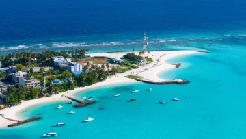 beach, bikini-beach, drone-shot, local-island, sea - Stunning aerial drone shot of Fulidhoo local island in Vaavu Atoll featuring turquoise lagoon and white sandy beach.