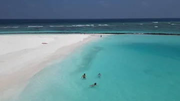 beach, bikini-beach, drone-shot, local-island, people, sea - Aerial view of turquoise waters and white sand at Bikini Beach, Fulidhoo Island, Vaavu Atoll with people swimming.
