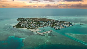 drone-shot, local-island, nature - A stunning aerial view of the local island Hinmafushi in the Kaafu Atoll, featuring the harbor, lush nature, and ocean.