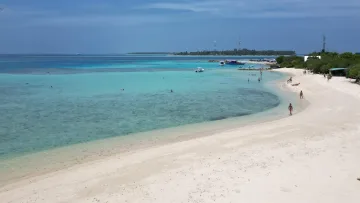 beach, bikini-beach, local-island, people, sea - Aerial view of the white sand Bikini Beach on Keyodhoo local island in the Vaavu Atoll, with turquoise lagoon water.