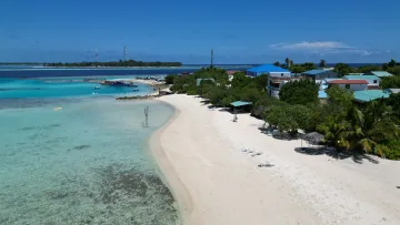 beach, bikini-beach, drone-shot, local-island - Aerial view of the white sandy beach and turquoise water at Keyodhoo local island in the beautiful Vaavu Atoll.