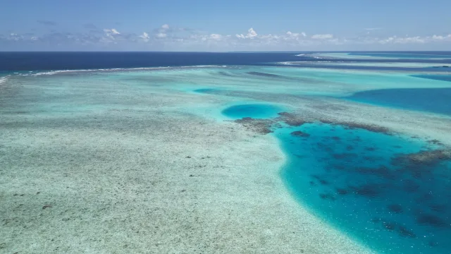 drone-shot, nature, reef, sea - Aerial drone shot of the vibrant coral reef and turquoise lagoon surrounding Keyodhoo Island in Vaavu Atoll.