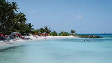 beach, bikini-beach, local-island, people, sea - Tourists relaxing on the sandy Bikini Beach on Maafushi local island, Kaafu Atoll, with turquoise water and palm trees