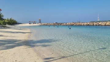 beach, local-island, people - Persone che nuotano nelle limpide acque turchesi della spiaggia dell'isola locale di Male, atollo di Kaafu, con frangiflutti.