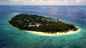 drone-shot, local-island, nature - Aerial drone shot of Omadhoo local island in Alifu Dhaalu atoll surrounded by blue lagoon and tropical vegetation.