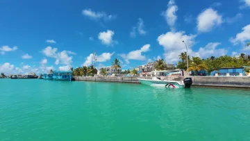 facilities, local-island, sea - Traditional blue dhoni boats docked in the turquoise harbor of Omadhoo Island, Alifu Dhaalu Atoll, under a blue sky.