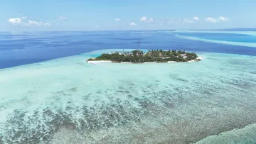 drone-shot, local-island, nature, reef, sea - Ripresa aerea col drone dell'isola locale di Rakeedhoo circondata dalla laguna turchese nell'atollo di Vaavu.