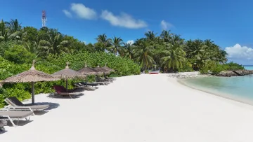 beach, bikini-beach, local-island, nature, relax - Spiaggia di sabbia bianca con ombrelloni e lettini sull'isola locale di Rakeedhoo nell'atollo di Vaavu.