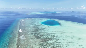 drone-shot, nature, reef, sea - Splendida veduta aerea della barriera corallina che circonda Rakeedhoo nell'atollo di Vaavu, con acque blu intenso.