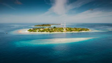 drone-shot, local-island - Stunning aerial shot of Rasdhoo local island in Alifu Alifu Atoll surrounded by vibrant turquoise tropical waters.