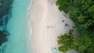 beach, bikini-beach, drone-shot, local-island - Drone view of Rasdhoo local island bikini beach in Alifu Alifu atoll with sun loungers and crystal clear water.