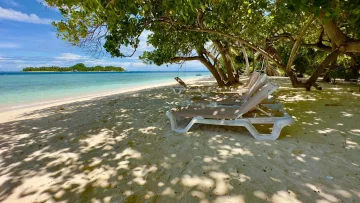 beach, bikini-beach, local-island, relax - White sunbeds under the shade of trees on the pristine Bikini Beach of Rasdhoo island, Alifu Alifu Atoll, Maldives.