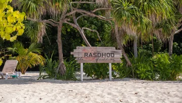 local-island, nature - Rustic wooden sign with the text Rasdhoo at the local island in North Ari Atoll, surrounded by lush tropical greenery