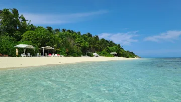 Acqua cristallina presso la Bikini Beach nell'isola locale di Thinadhoo, atollo di Vaavu, con sdraio sulla sabbia