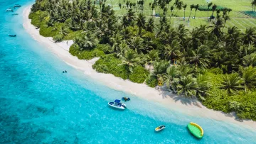beach, drone-shot, local-island, nature, sea - Vista aerea da drone della laguna turchese, spiaggia bianca, palme e sport acquatici sull'isola di Thoddoo.