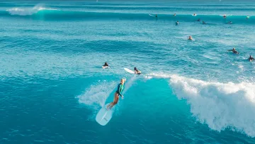 activity, nature, sea - Aerial view of a female surfer riding a beautiful turquoise wave with other surfers waiting in the background ocean.